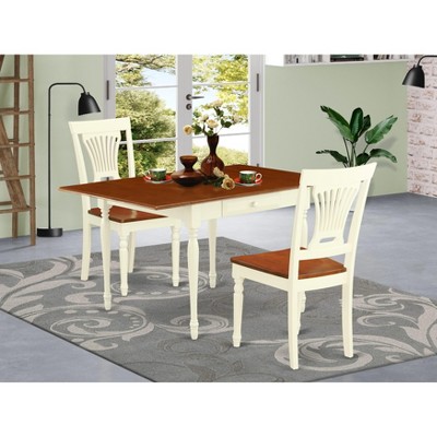 East West Furniture 3 Pc Kitchen Table set - Robust Two 9-Inch Drop Down Leaves Solid Wood Dinette Table & 2 Wooden Seat Dining Chairs,  White