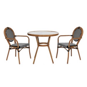 Emma & Oliver Colmar Indoor/Outdoor Bistro Style 31.5 in. Table with Black & White PE Rattan, Glass Top, and Two Chairs - Natural Frame - 1 of 4