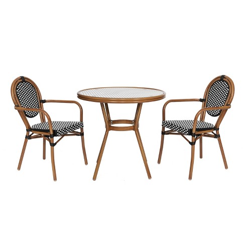 Emma & Oliver Colmar Indoor/Outdoor Bistro Style 31.5 in. Table with Black & White PE Rattan, Glass Top, and Two Chairs - Natural Frame - image 1 of 4