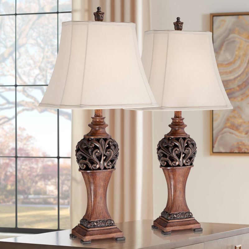 Regency Hill Exeter Traditional Table Lamps 30" Tall Set of 2 Bronze Wood Carved Leaf Cream Rectangular Bell Shade for Bedroom Living Room Bedside, 3 of 11