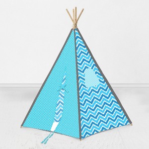 Bacati - Mix n Match Turquoise Gray Chevron Dots Play Tent for Kids/Toddlers, 100% Cotton Percale Fabric Cover  - 1 of 4