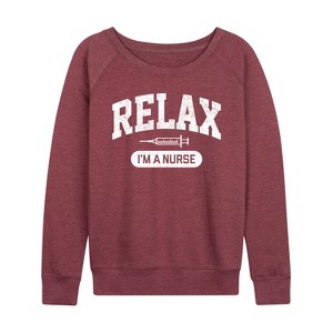 Women's - Instant Message - Relax I'm A Nurse Lightweight French Terry Wide Neck Long Sleeve Graphic Shirt - 1 of 4