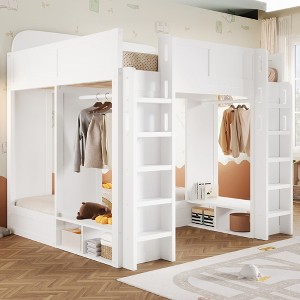 Triple Bunk Bed with Built-In Storage Shelves & Hooks, Loft Bed Frame with Safety Guardrails, Twin+Twin over Twin XL - ModernLuxe - 1 of 4