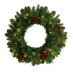 Nearly Natural 20” Frosted Pine Artificial Christmas Wreath with Pinecones, Berries and 35 Warm White LED Lights - 1 of 4