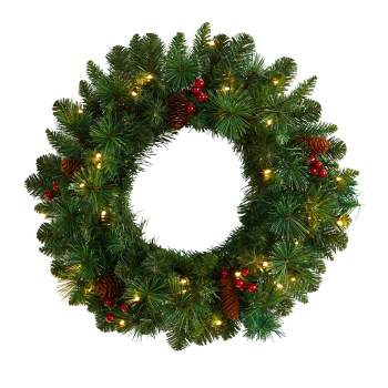 Nearly Natural 20” Frosted Pine Artificial Christmas Wreath with Pinecones, Berries and 35 Warm White LED Lights