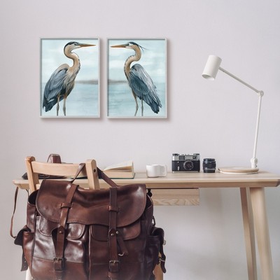 Detailed Heron Bird Duo Gray Framed Canvas Print Set