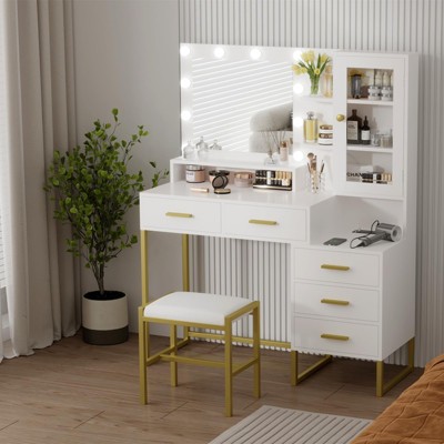 Makeup Vanity with Lights in 3 Colors, Vanity Table with Charging Station of 2 USB Ports and Outlets