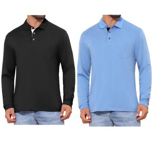 INSPIRE CHIC Men's Contrast Button Collared Pocket Long Sleeves Polo T-Shirts 2 Packs - 1 of 4