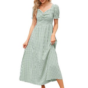 Clearlove Women's Square Neck Puff Sleeve Smocked Waist Gingham Dress Summer Mini Dress with Shirred Bust - 1 of 4