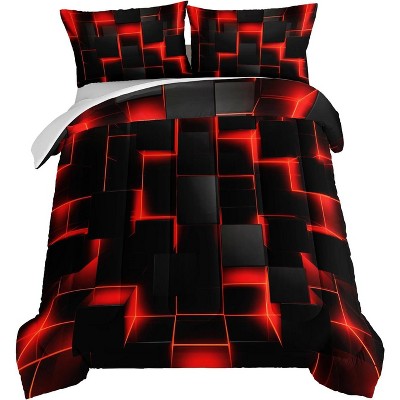 Boersma Honeycomb Queen Size Comforter Set,Red Black Geometric Bedding Set 3pcs for Kids Boys Teens Room Decor,Gamer Comforter Sets for Boys