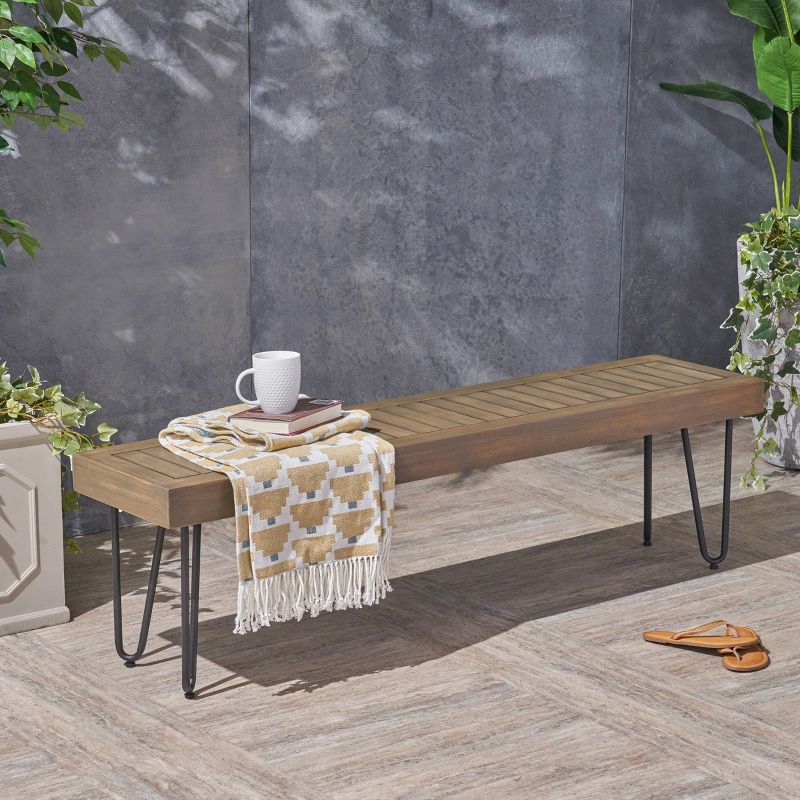 Jane Wood/Metal Patio Industrial Bench - Gray - Christopher Knight Home, 3 of 7