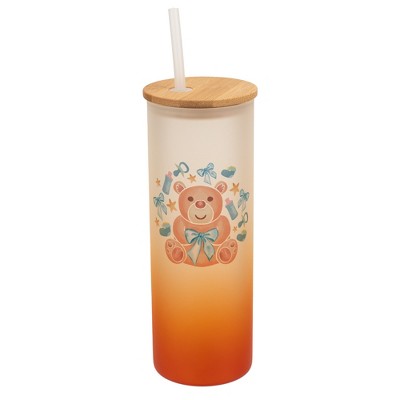 Elanze Designs 25 Ounce Frosted Glass Gradient Travel Tumbler With Straw and Wooden Lid, Boy Teddy Bear Orange