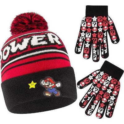 Super Mario Winter Hat and Gloves Set, Kids Ages 4-7 ( Red/Black Design)