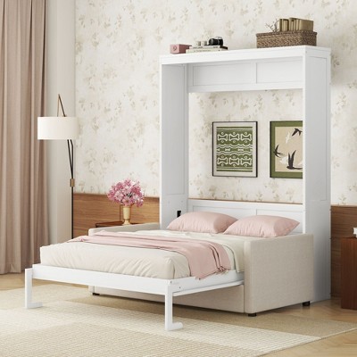NicBex Queen Size Murphy Bed 87" Wooden Frame Murphy Bed Queen Morden Hideaway Wall Bed with Sofa and Shelf for Guest Room