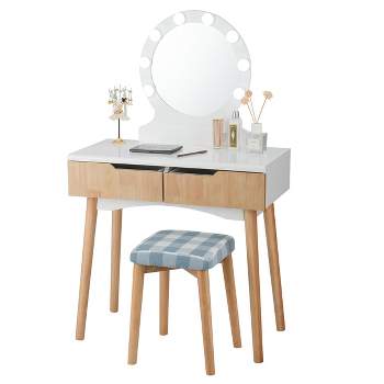 Tangkula Vanity Table Set w/ Lighted Makeup Dresser Mirror & Drawers Natural Wood