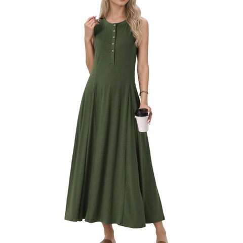 Женские платья INSPIRE CHIC Women's Sleeveless Button Fit Flare A-Line Flowy Casual Long Dress Army Green Medium