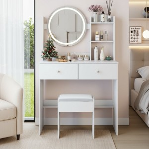 FONTOI 31.5"W Makeup Vanity Table with 17" Round Mirror Cushioned Stool and High Capacity Storage for Bedroom Dressing Room, Black/White - 1 of 4