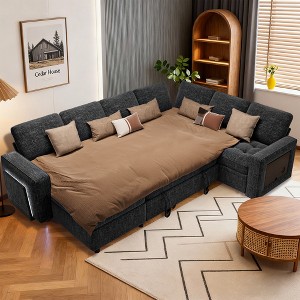 Vipbear 7 Seat L-Shaped Modular Sectional Sleeper Sofa Bed with Ottoman/Pull Out Bed/Reclining Backrest/USB Ports/Table/LED Light,Tool-Free Assembly - 1 of 4