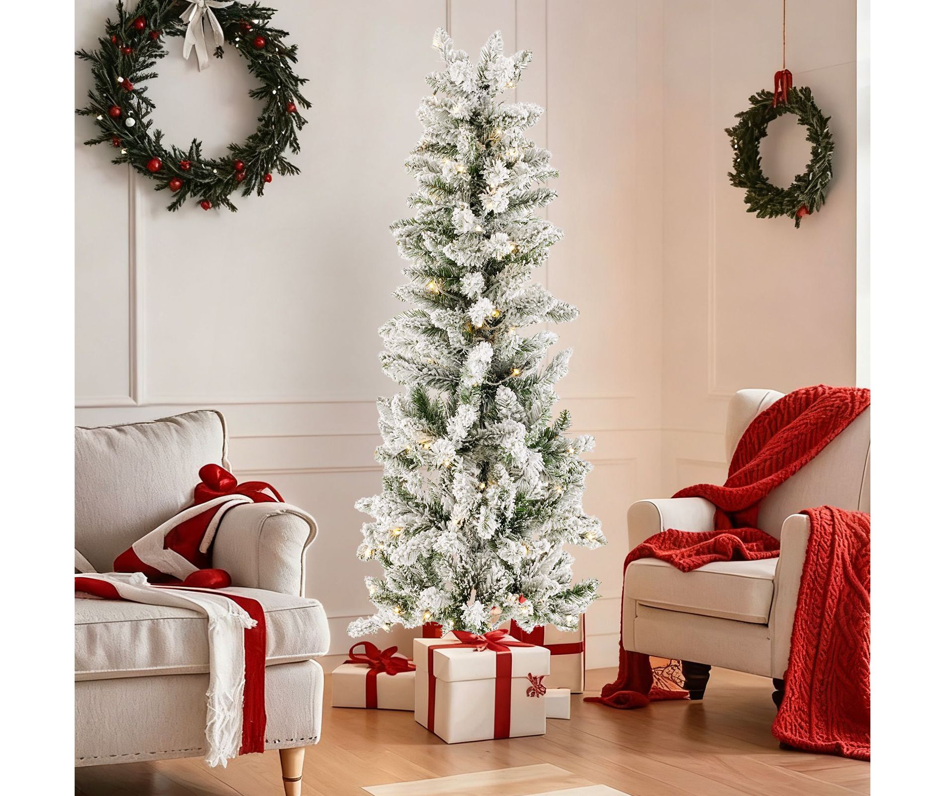 JIONJOY 9ft Flocked Pre-Lit Pencil Christmas Tree – Snow-Covered Slim Artificial Xmas Tree , Hinged Branches for Easy Setup, Indoor Holiday Decor