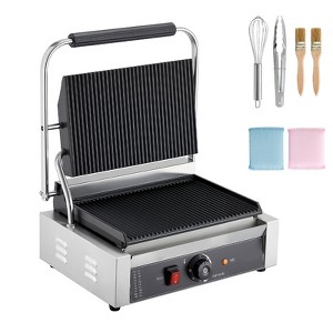 VEVOR Commercial Panini Grill, 1800W Electric Sandwich Panini Maker, Stainless Steel Sandwichs Press, 13.5x9.3 in Full Grooved Enamel Plate, Silver - 1 of 4