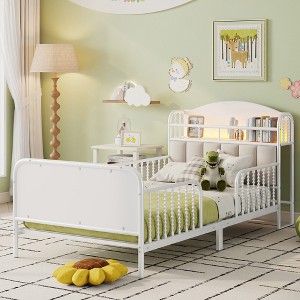 JUJABU Kids Metal Platform Bed Frame with Upholstered Headboard and Storage Shelf - 1 of 4