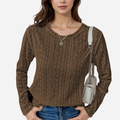 Anna-Kaci Women's Textured Long Sleeve Knit Top with Crew Neckline