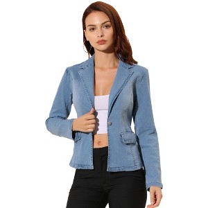 INSPIRE CHIC Women's Notched Lapel Button Up Long Sleeve Washed Denim Blazer - 1 of 4