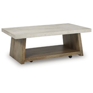 Signature Design by Ashley Brendalhouse Coffee Table - Light Brown Wood with Faux Cement Top, Rolling Casters, Bottom Shelf Storage - 1 of 4