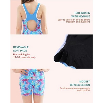 Charmo Girls Geometric Blue Print Boyleg One Piece Swimsuit Athletic Bathing Suit Competitive Swimwear Size 13-14 Years — фото 3
