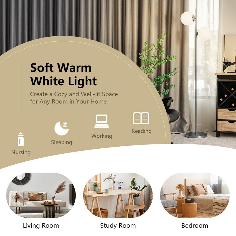 Costway 65''Sphere LED Floor Lamp w/2 LED Light Bulbs Foot Switch Bedroom Office Silver\Gold, 5 of 10