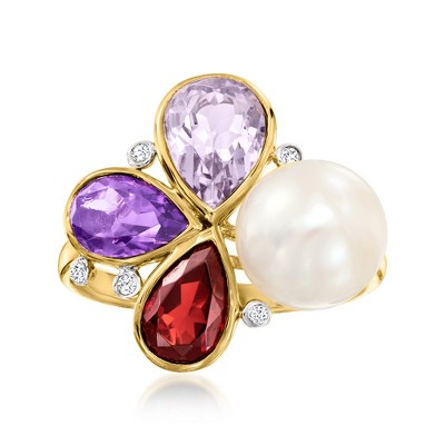Ross-Simons 9-9.5mm Cultured Pearl and 3.70 ct. t.w. Multi-Gemstone Ring With Diamonds in 18kt Gold Over Sterling Size 7