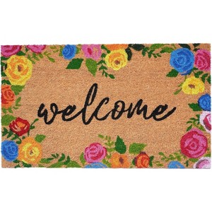 HomeRoots 17" X 29" Natural Blue Pink And Yellow Floral Welcome Outdoor Coir Door Mat - 1 of 4