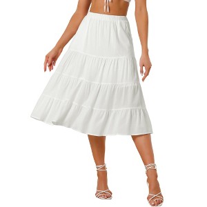 INSPIRE CHIC Women's Midi Solid Elastic Waist Flare Tiered A-Line Skirt with Pockets - 1 of 4