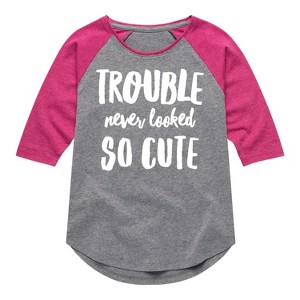 Girls' - Instant Message - Trouble Never Looked So Cute Shirt Tail Raglan Graphic T-shirt - 1 of 4