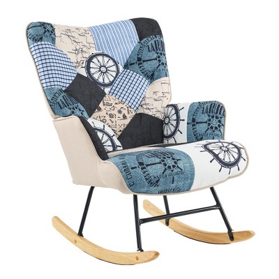 Beautyolove Blue Fabric Upholstered Rocking Chair Nursery Rocker Glider Wingback Armchair with Solid Wood Legs