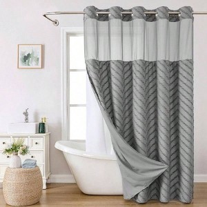 Grey Hotel Grade Boho Shower Curtain with Snap - in Liner, 71Wx80H, Water Repellent Chevron Stripe, See Through Top Window - 1 of 2