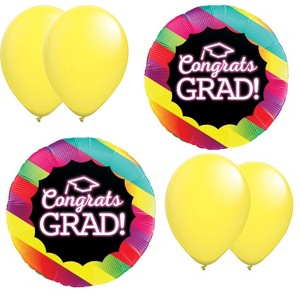 LoonBalloon Congrats Grad Neon & Stripes Balloon Standard Size Premium Foil Graduation Theme Balloon Set with 4 pcs Latex - 1 of 1