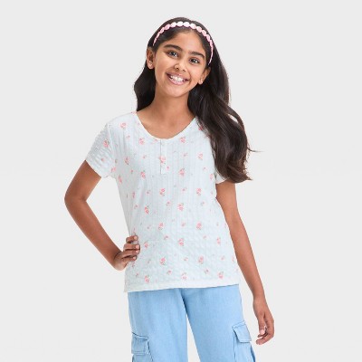 Girls' Short Sleeve Pointelle 'Floral' T-Shirt - Cat & Jack™ Cream M