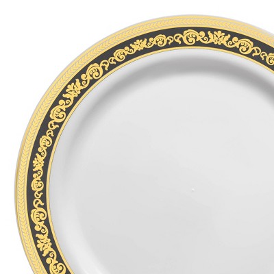 Smarty Had A Party 7.5" White w/ Black and Gold Royal Rim Plastic Salad Plates - 120 pcs
