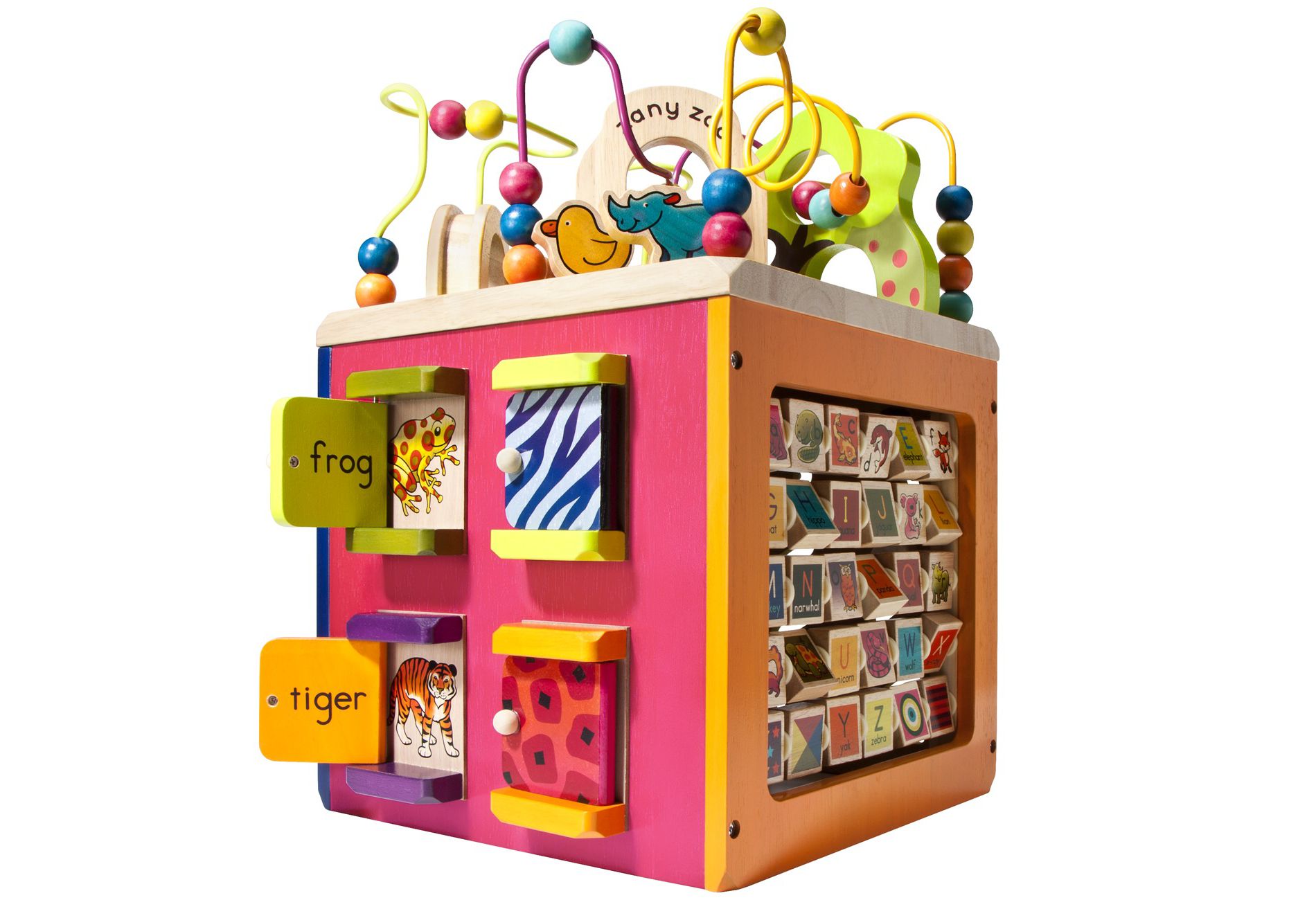 B. toys Wooden Activity Cube - Zany Zoo: Educational Play with Animals, Spinners, Bead Rollercoaster, Functional Doors