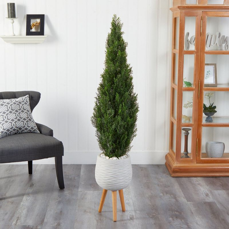 Nearly Natural 5-ft Cedar Artificial Tree in White Planter with Stand (Indoor/Outdoor), 4 of 5