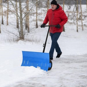 Snow Shovel with Wheels, Steel Blade Snow Pusher, Adjustable Angle/Height Handle - 1 of 4