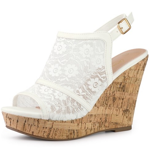 Allegra K Women's Floral Lace Mesh Wedges Sandals White 10 : Target