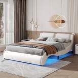 Upholstered Faux Leather Platform Bed with LED Light Bed Frame with Slatted-ModernLuxe