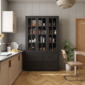 Famapy 47.2''W  Glass Doors Display Cabinet Wooden Organizer Pantry Black - 1 of 4