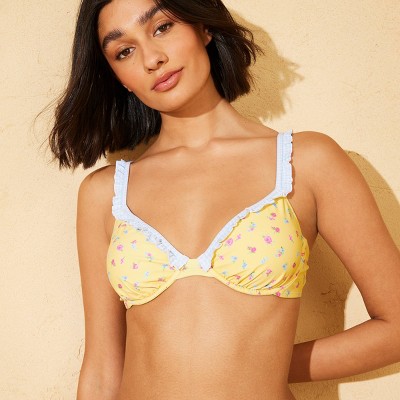 Wild Fable Demetra Dias with Wild Fable Women's Floral Print and Gingham Ruffle Underwire Bikini Top - Yellow S — фото 3