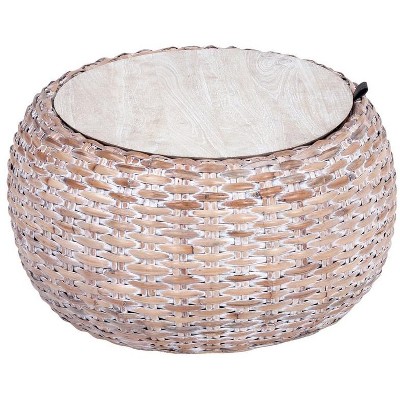 Natural White Wash Wood and Rattan Round Coffee Table