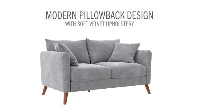 Magnolia 2 Seater Loveseat Sofa with Pillows Pocket Coil Seating Light Gray Velvet - Novogratz, 2 of 15, play video