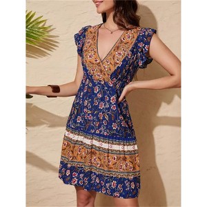 Clearlove Women's Summer Wrap V Neck Bohemian Floral Print Ruffle Swing A Line Beach Mini Dress - 1 of 4