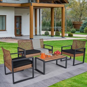 Outdoor Patio Conversation Set with Brown Wicker and Wood Coffee Table, Weather-Resistant Cushions for Backyard or Balcony -3irtyhousy - 1 of 4